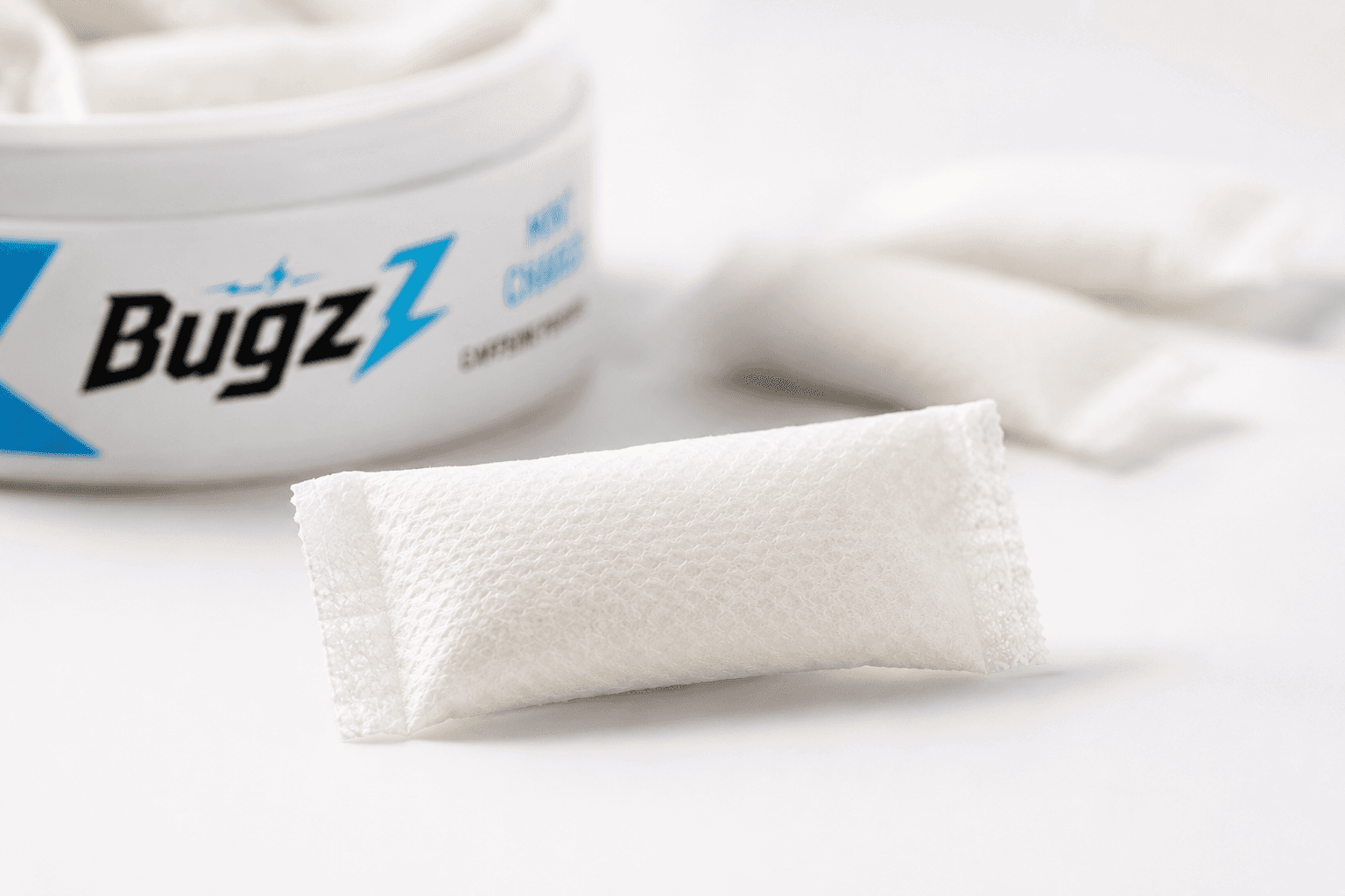 Close-up of a single white pouch