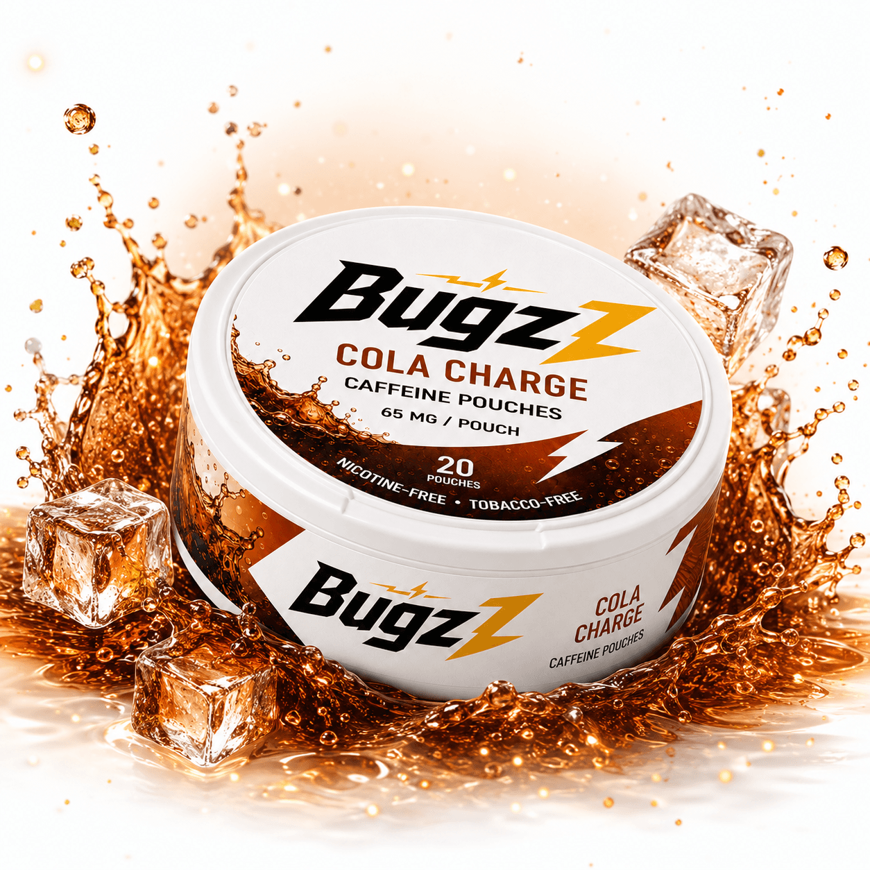 BugzZ Cola Charge can with ice and a cola-coloured splash