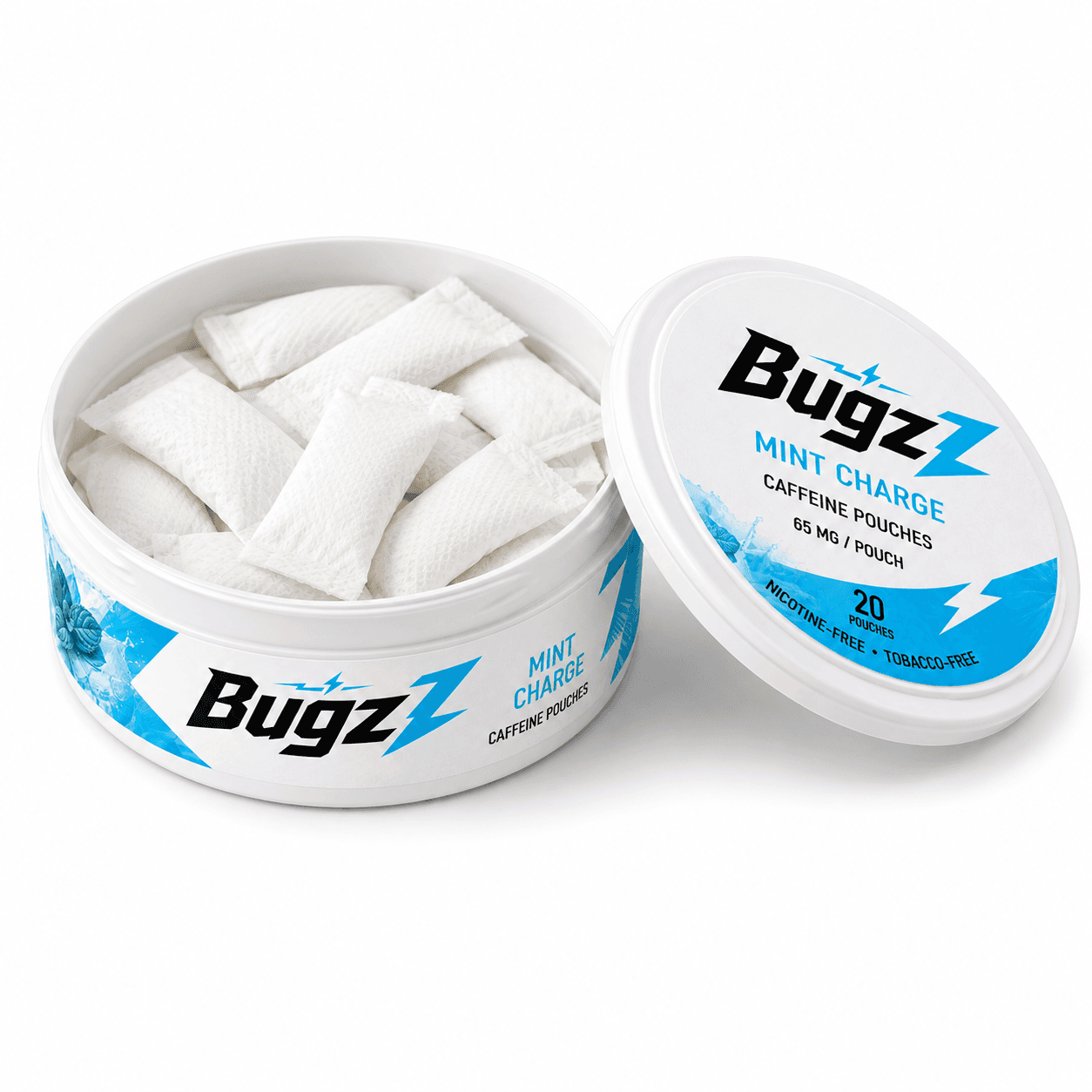 Open BugzZ Mint Charge can filled with caffeine pouches