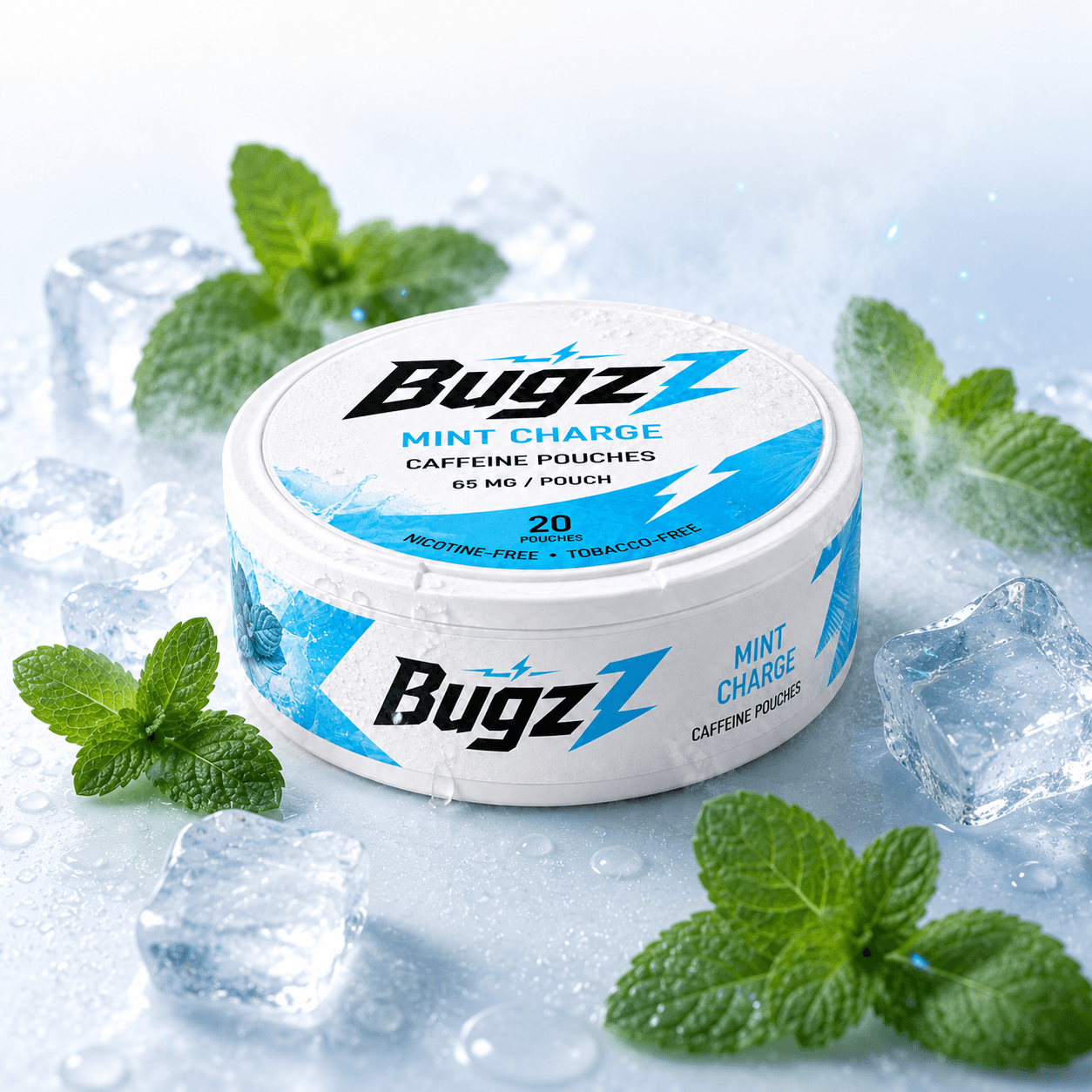 BugzZ Mint Charge can surrounded by mint leaves and ice