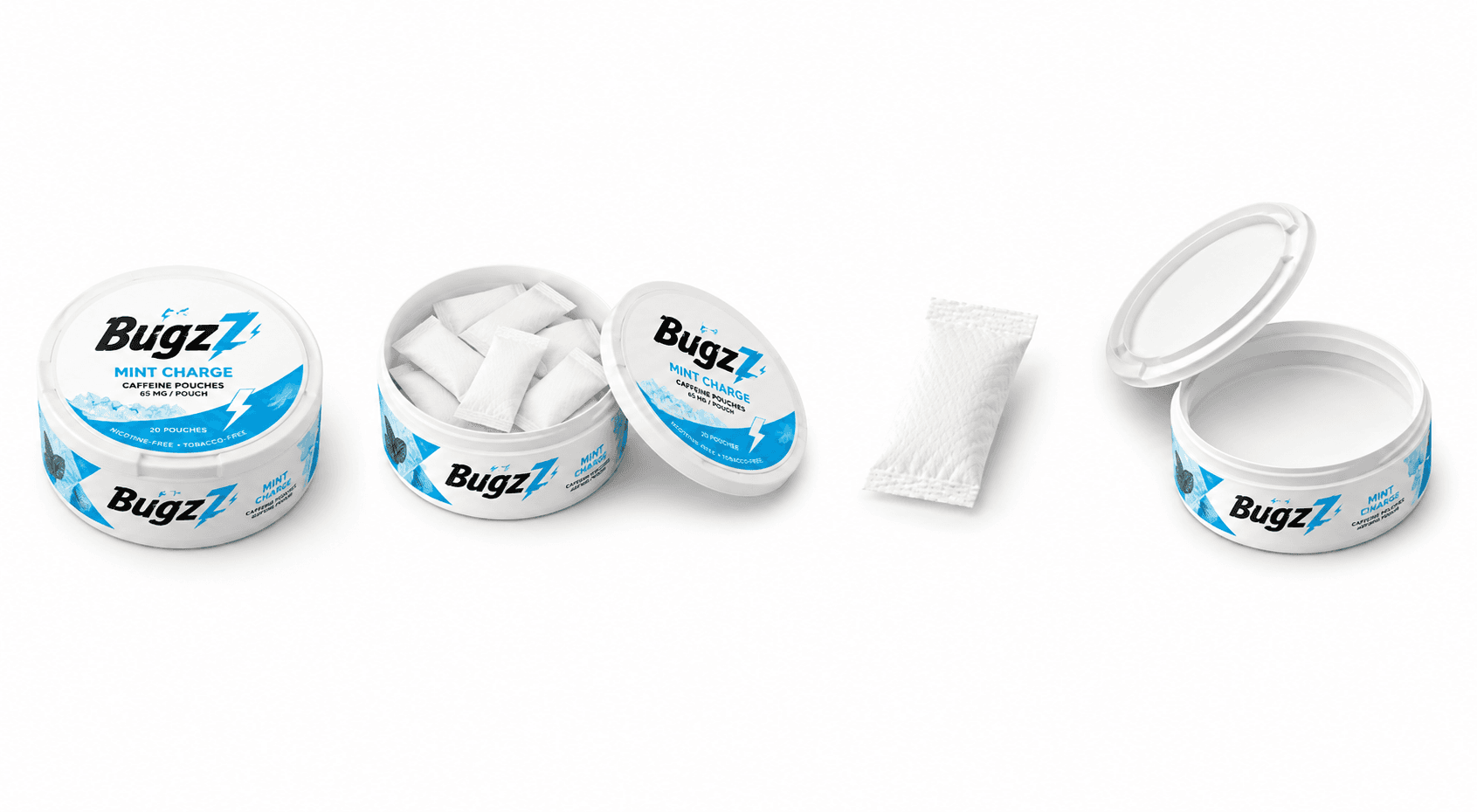 Product sequence showing a closed can, open can and a single pouch